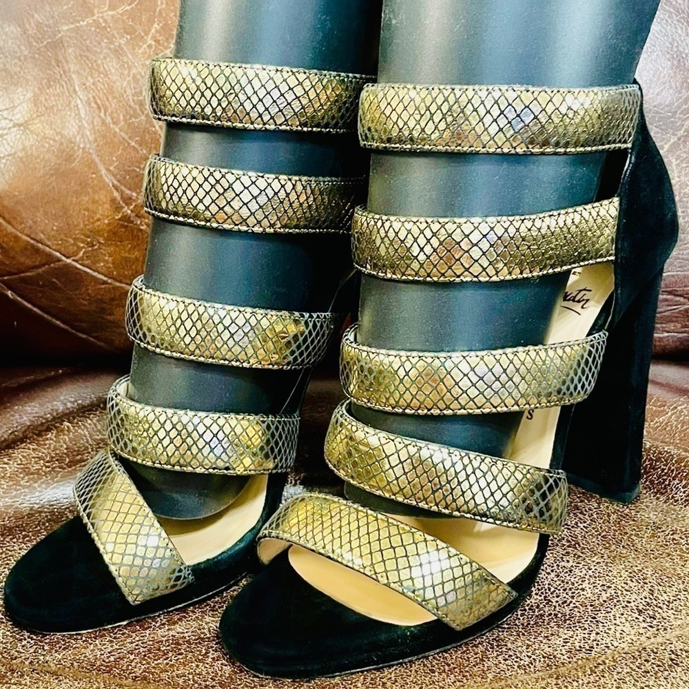 Christian Louboutin Champaign gold bandage sandals.VeauVelour blockheel EU37.5 - Picture 8 of 11